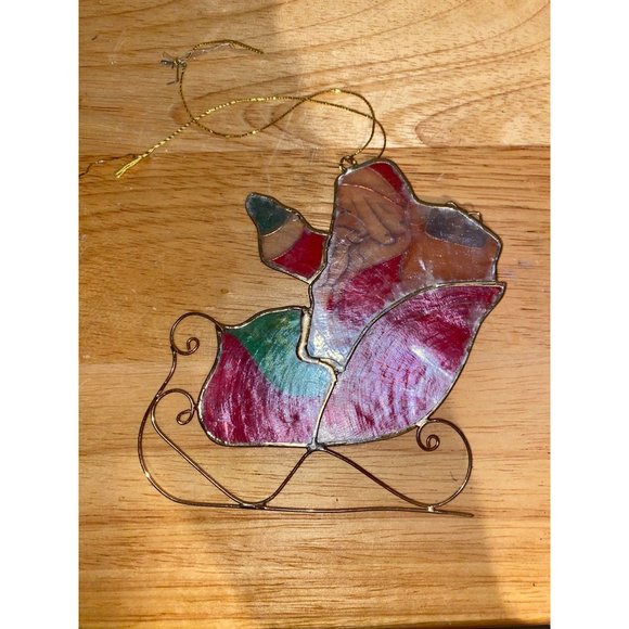 Vintage Capiz Shell Santa Clause Sleigh Presents Christmas Tree Ornament Gold Wi - Picture 2 of 2